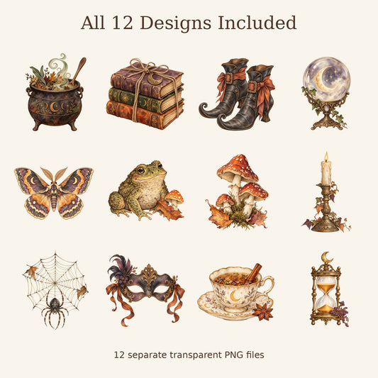 Witchs Cottage Halloween Watercolour PNG Clipart Pack, 12 Vintage Witchy Designs for Cards, Stickers and Sublimation