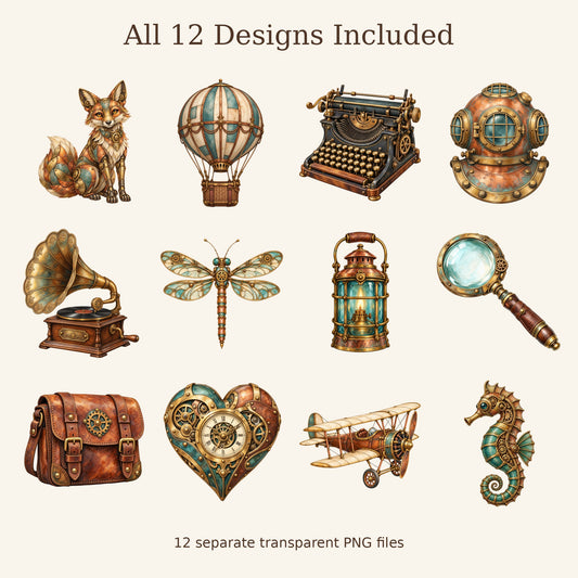 Steampunk Explorer PNG Clipart Pack, 12 Vintage Watercolour Designs, Clockwork Fox, Balloon and Dragonfly for Cards and Sublimation