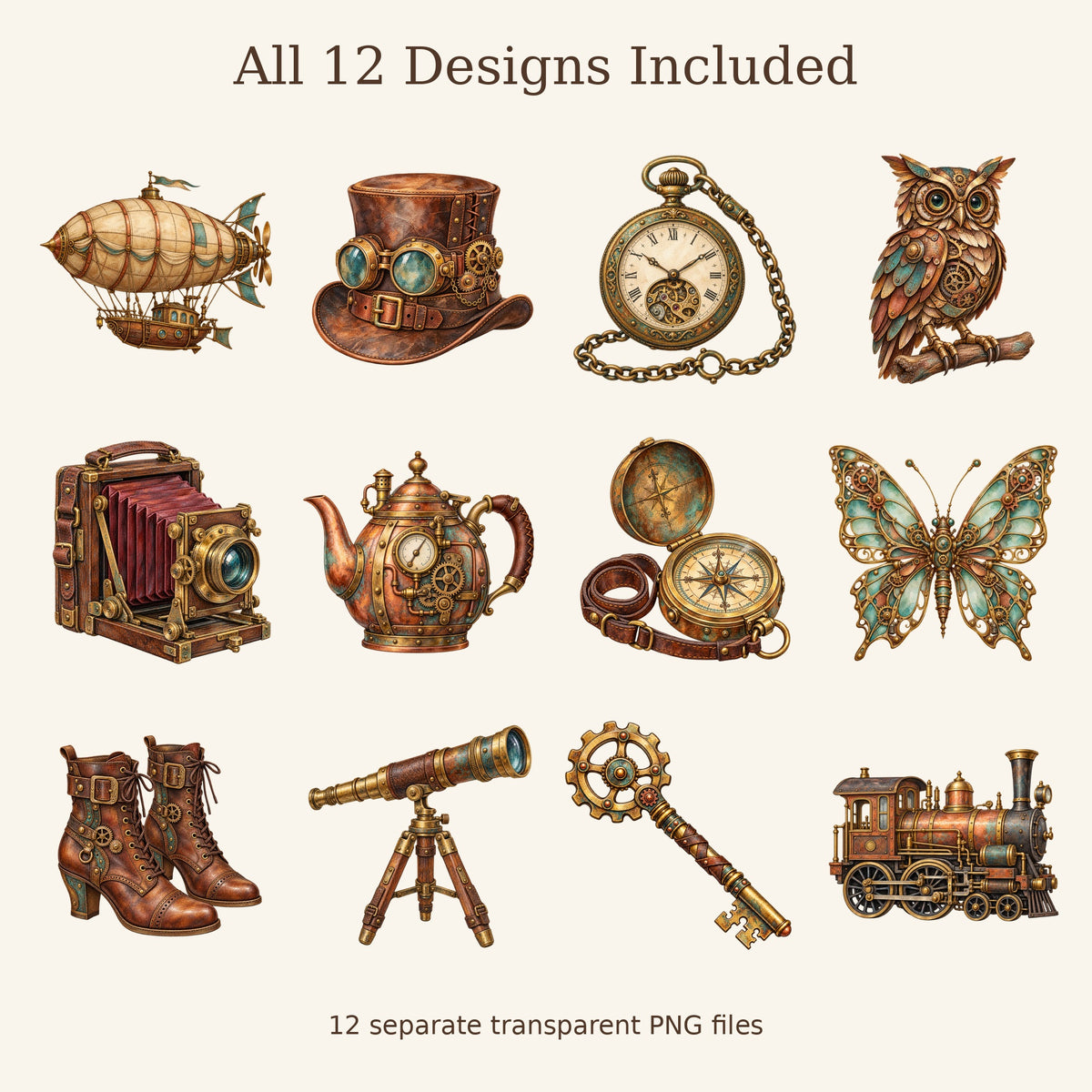 Steampunk Watercolour PNG Clipart Pack, 12 Vintage Rustic Clockwork Designs for Cards, Stickers, Scrapbooking and Sublimation