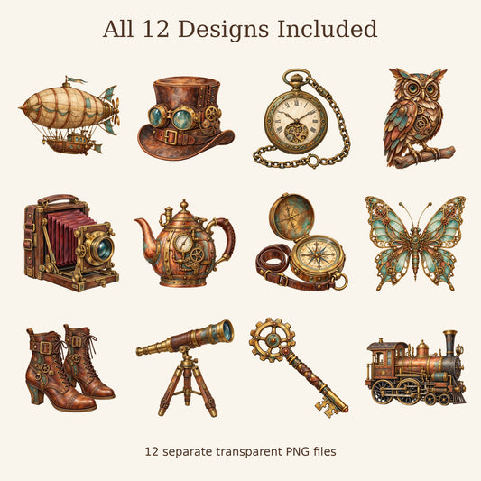 Steampunk Watercolour PNG Clipart Pack, 12 Vintage Rustic Clockwork Designs for Cards, Stickers, Scrapbooking and Sublimation