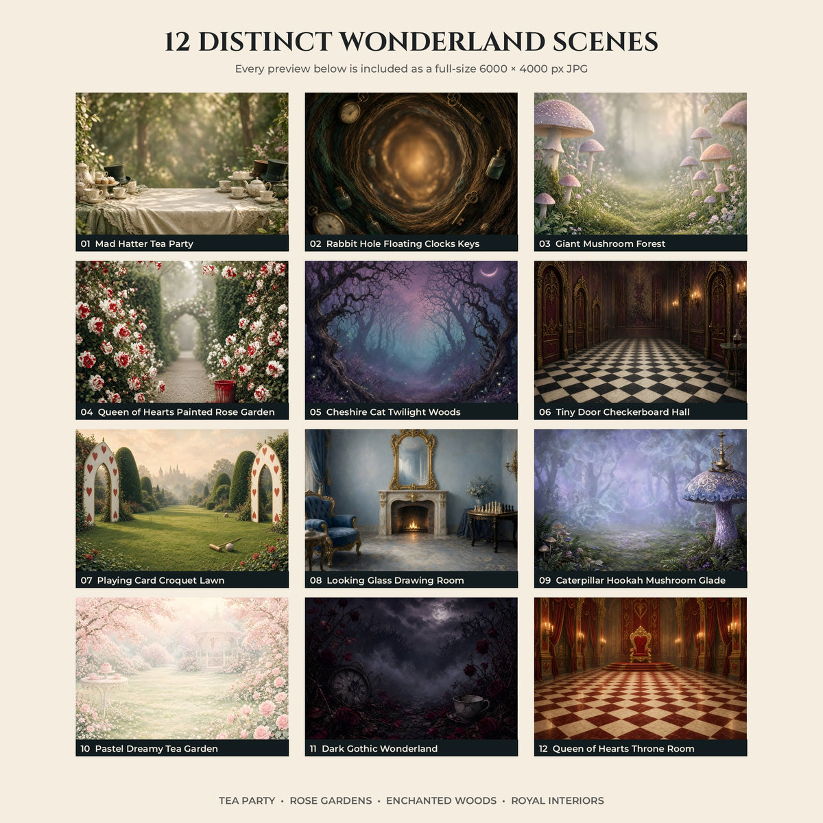 Overview of all 12 Wonderland photography backdrops