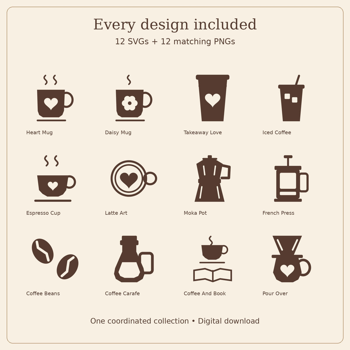 Cozy Coffee SVG Pack – 12 Café Designs with Transparent PNGs
