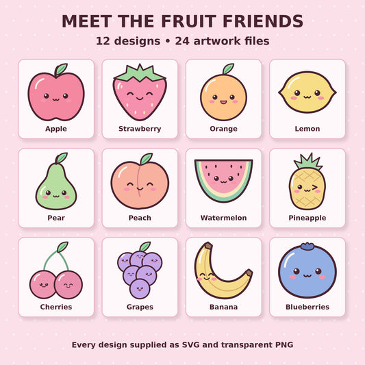 Kawaii Fruit SVG + PNG Pack, 12 Cute Pastel Fruit Characters for Stickers, Sublimation and Crafts