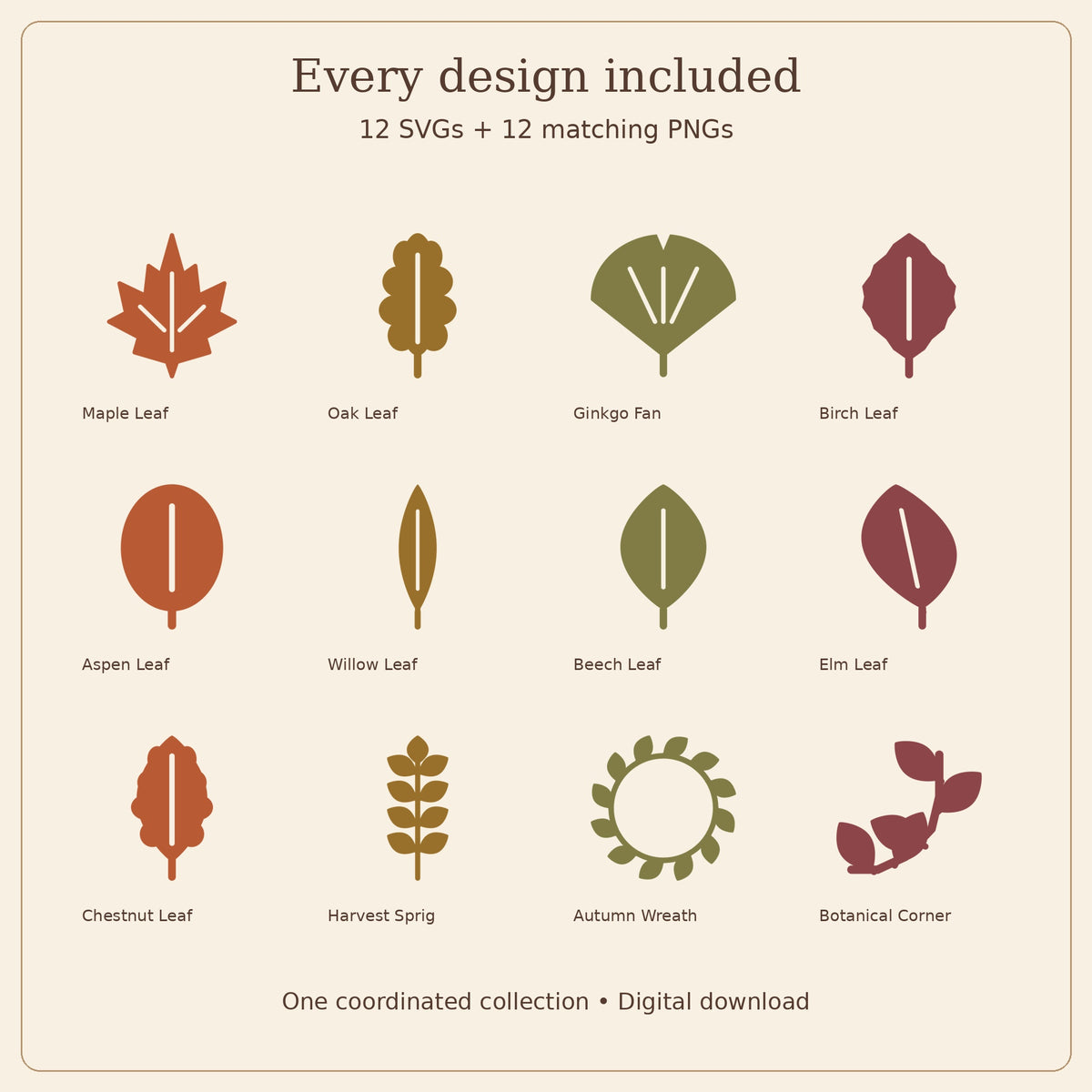 Autumn Botanicals SVG Pack – 12 Leaves, Sprigs and Frames with PNGs