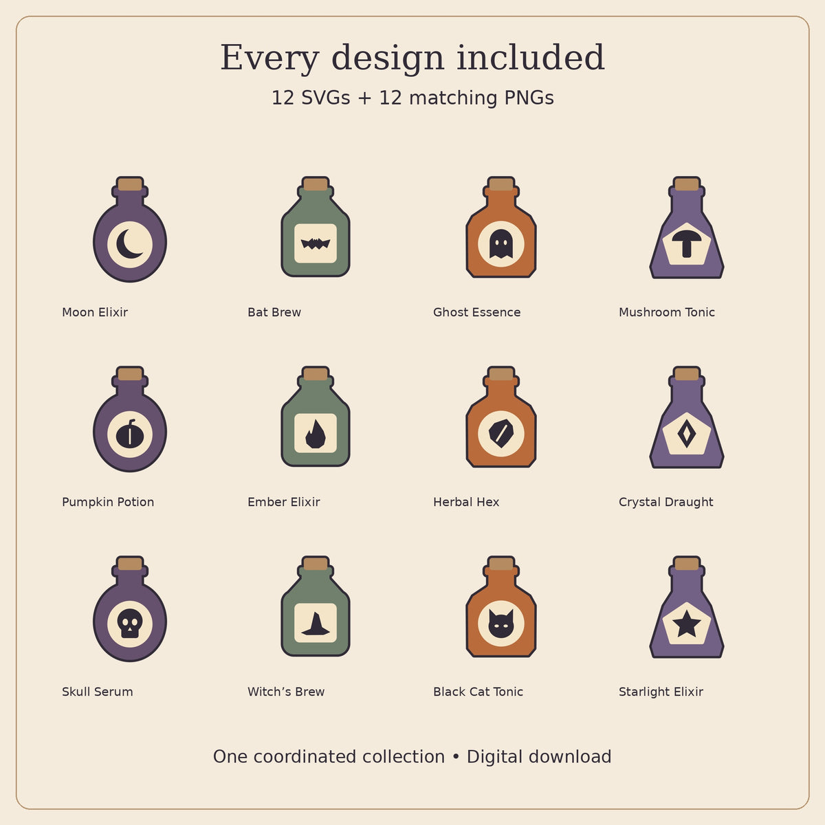 Halloween Potion Cabinet SVG Pack – 12 Witchy Bottle Designs with PNGs