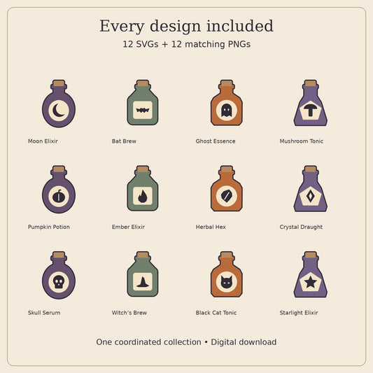 Halloween Potion Cabinet SVG Pack – 12 Witchy Bottle Designs with PNGs