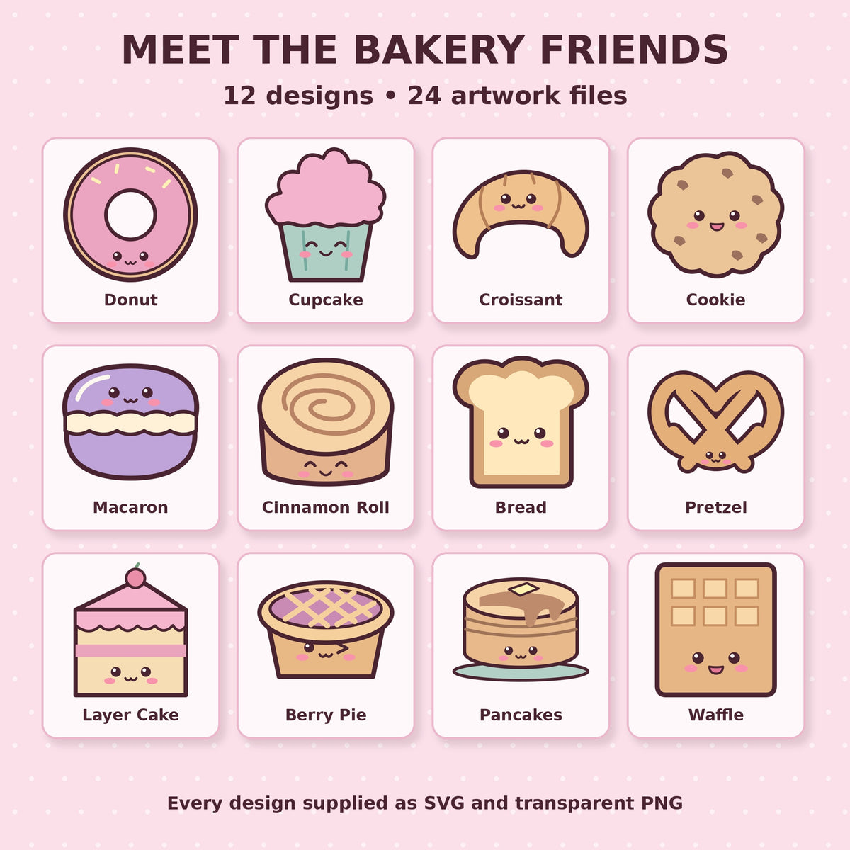 Kawaii Bakery SVG + PNG Pack, 12 Cute Pastel Cakes, Pastries and Cookies for Stickers, Sublimation and Crafts