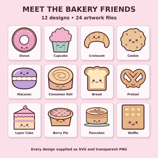 Kawaii Bakery SVG + PNG Pack, 12 Cute Pastel Cakes, Pastries and Cookies for Stickers, Sublimation and Crafts