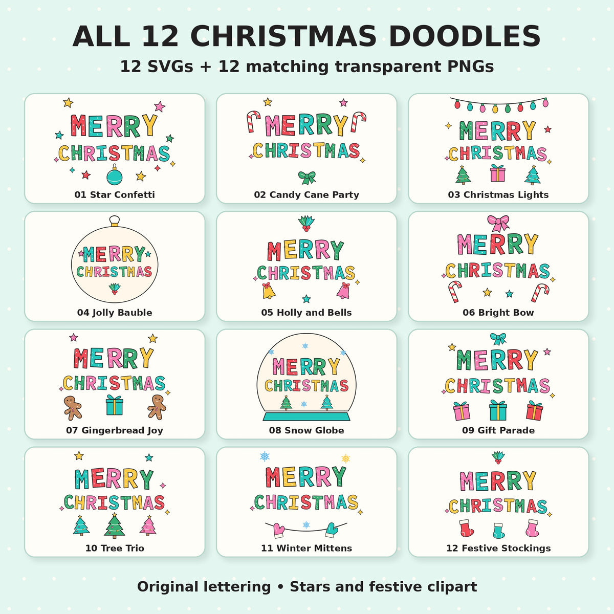 Merry Christmas Doodle SVG + PNG Pack, 12 Vibrant Lettering Designs with Stars and Festive Clipart for Sublimation and Crafts