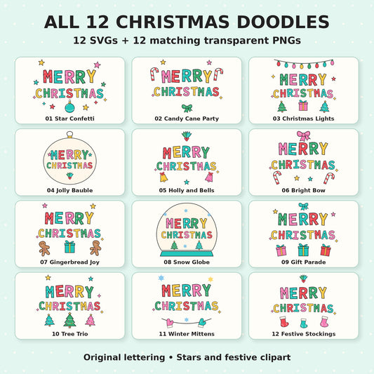 Merry Christmas Doodle SVG + PNG Pack, 12 Vibrant Lettering Designs with Stars and Festive Clipart for Sublimation and Crafts