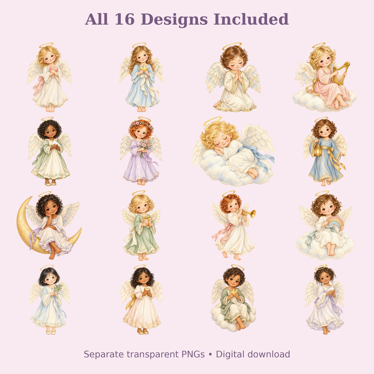 Cute Angel Watercolor PNG Clipart, 16 Transparent Designs for Cards, Stickers, Scrapbooking and Sublimation