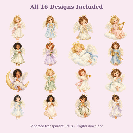 Cute Angel Watercolor PNG Clipart, 16 Transparent Designs for Cards, Stickers, Scrapbooking and Sublimation