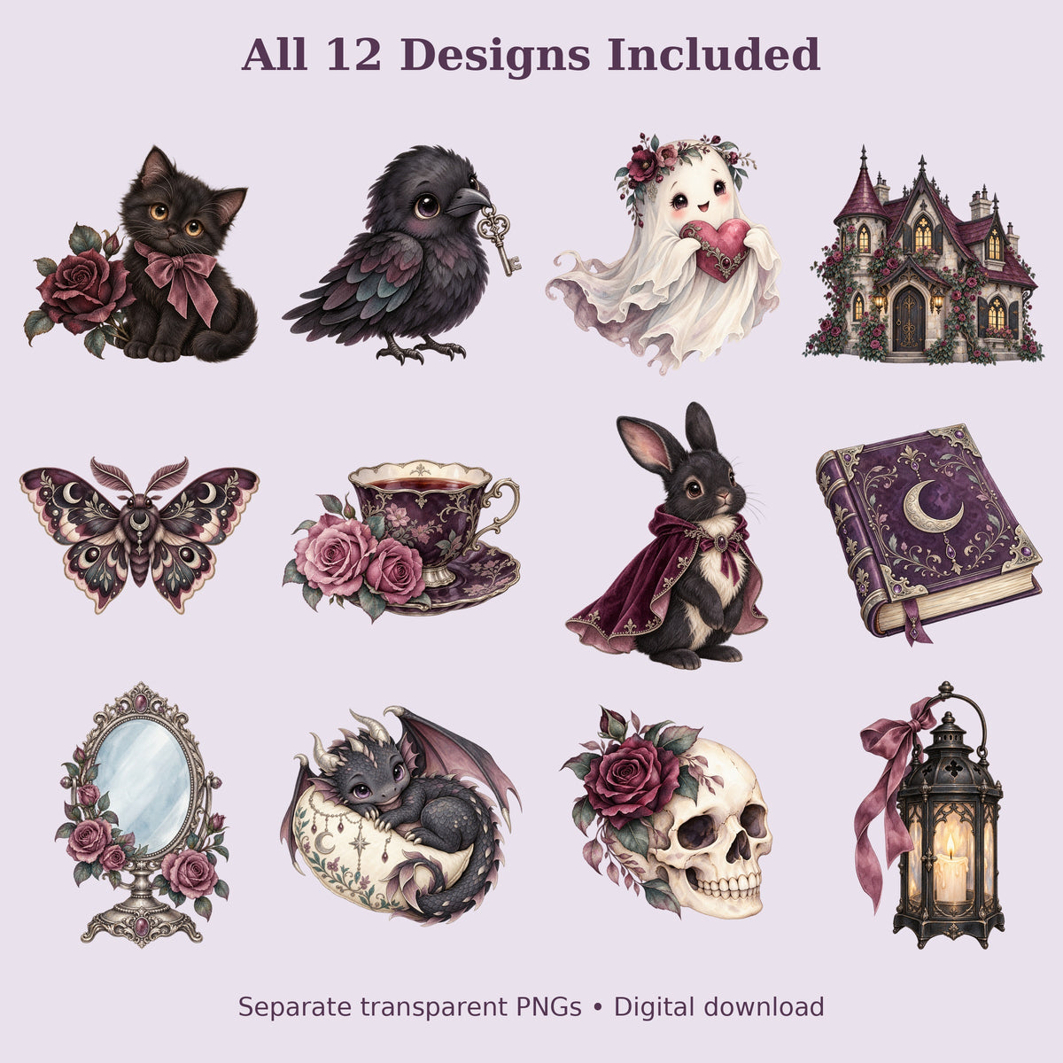 Cute Gothic Watercolor PNG Clipart, 12 Transparent Designs for Cards, Stickers, Scrapbooking and Sublimation