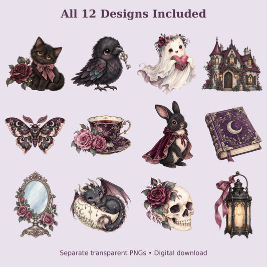 Cute Gothic Watercolor PNG Clipart, 12 Transparent Designs for Cards, Stickers, Scrapbooking and Sublimation
