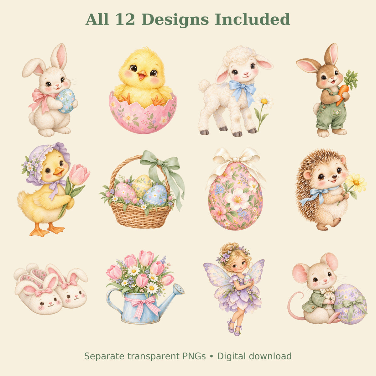 Cute Easter Watercolor PNG Clipart, 12 Transparent Designs for Cards, Stickers, Scrapbooking and Sublimation