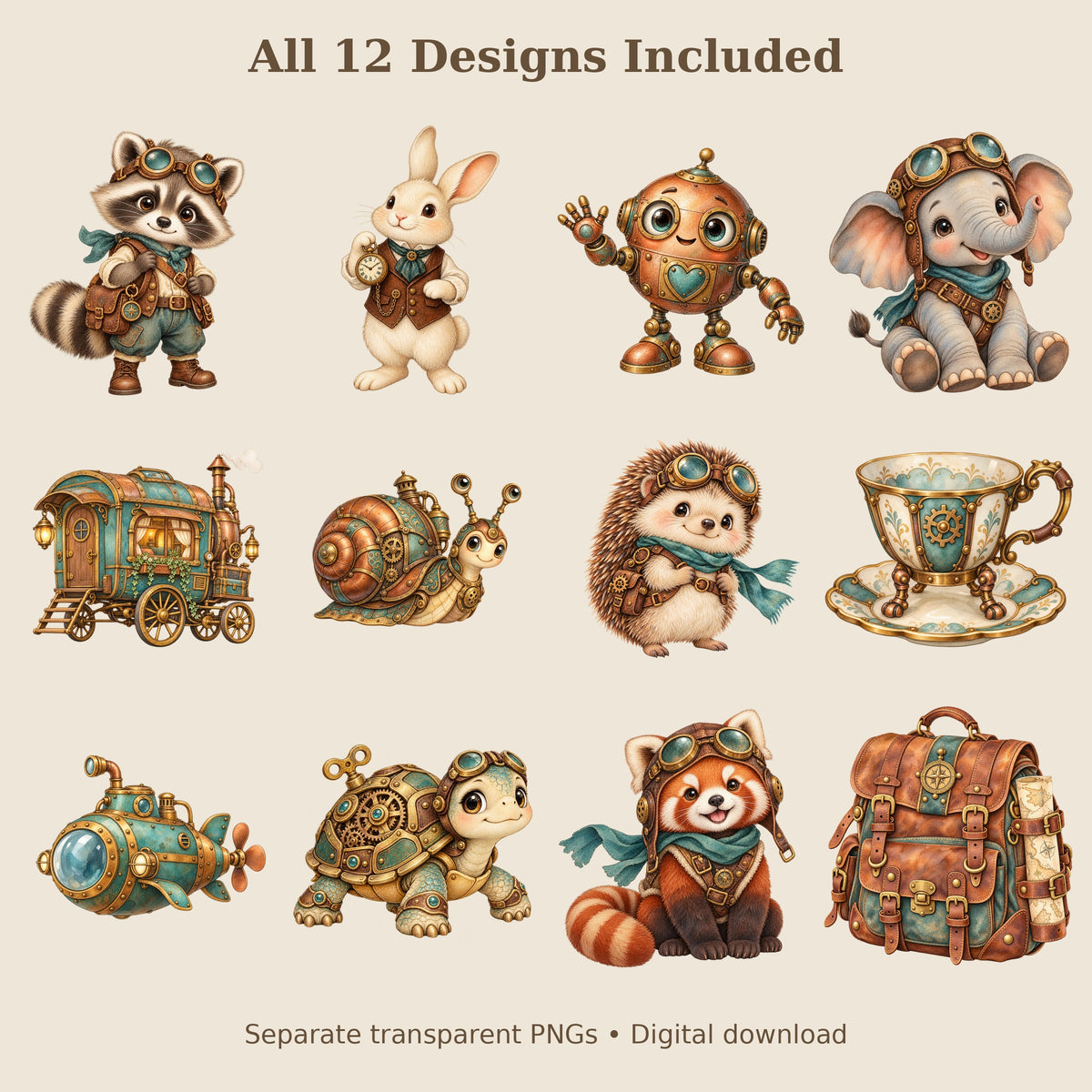 Cute Steampunk Watercolor PNG Clipart, 12 Transparent Designs for Cards, Stickers, Scrapbooking and Sublimation
