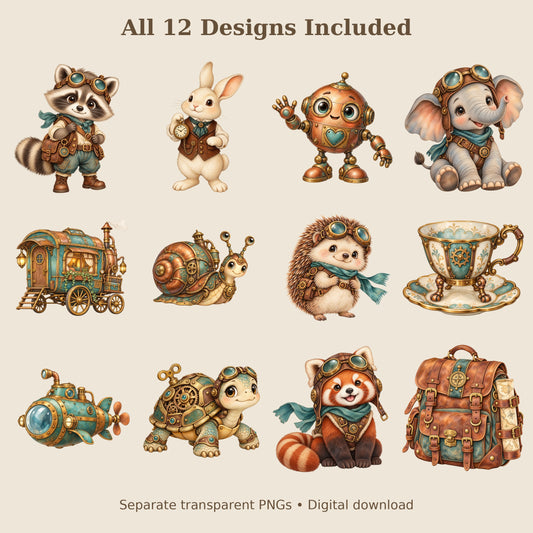 Cute Steampunk Watercolor PNG Clipart, 12 Transparent Designs for Cards, Stickers, Scrapbooking and Sublimation