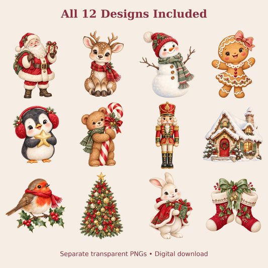 Cute Christmas Watercolor PNG Clipart, 12 Transparent Designs for Cards, Stickers, Scrapbooking and Sublimation