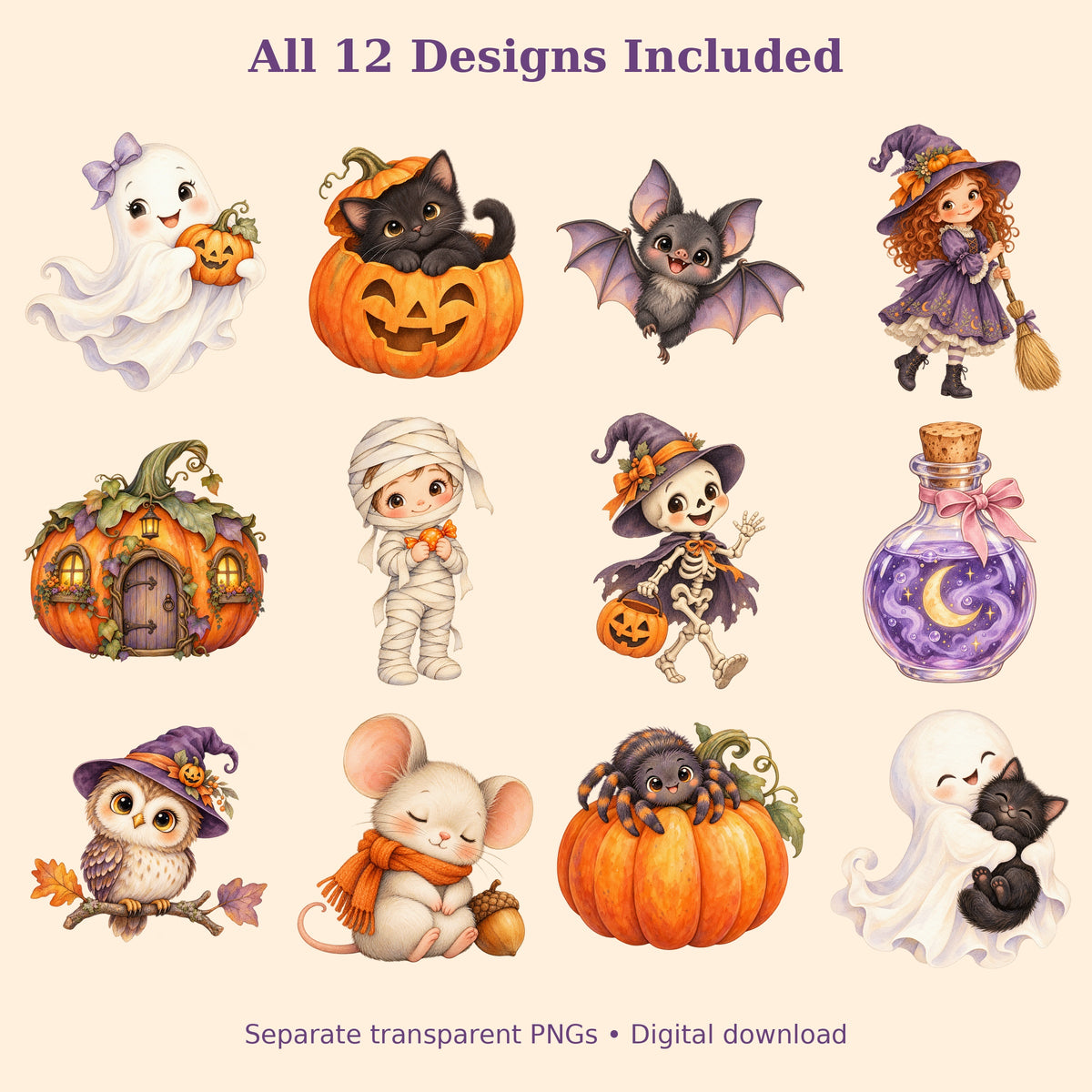 Cute Halloween Watercolor PNG Clipart, 12 Transparent Designs for Cards, Stickers, Scrapbooking and Sublimation