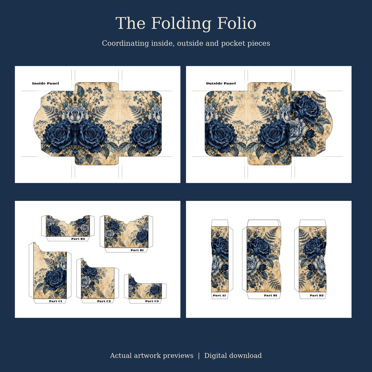 Midnight Indigo Rose - Printable Folio Kit, 12 Sheets, A4 & US Letter PDF