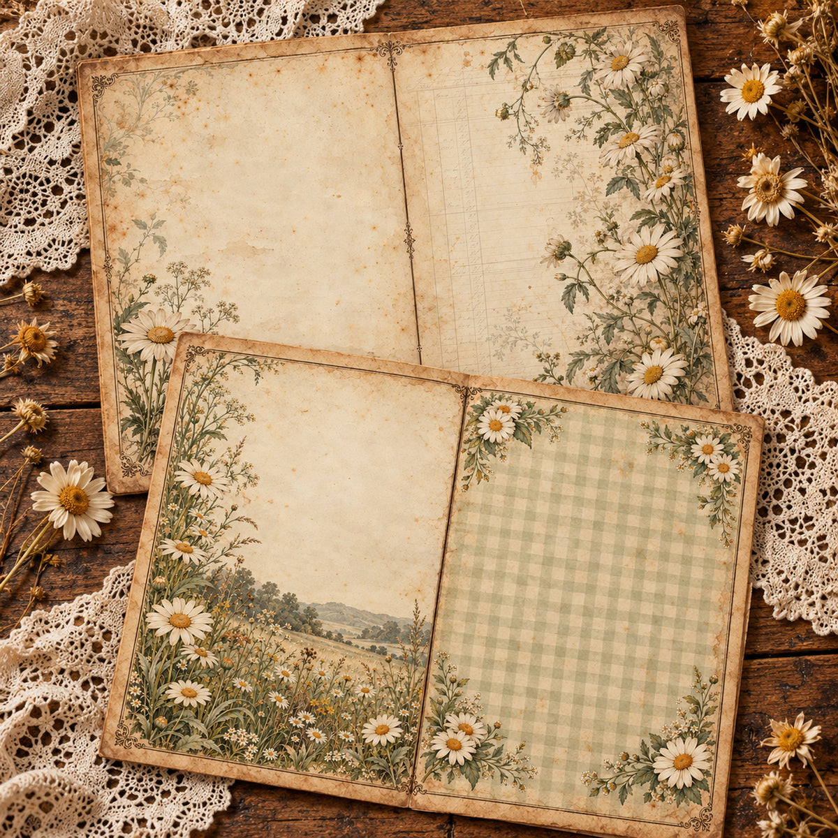 Vintage Daisy Junk Journal Kit - 15 Double-Page Spreads + 6 Ephemera Sheets