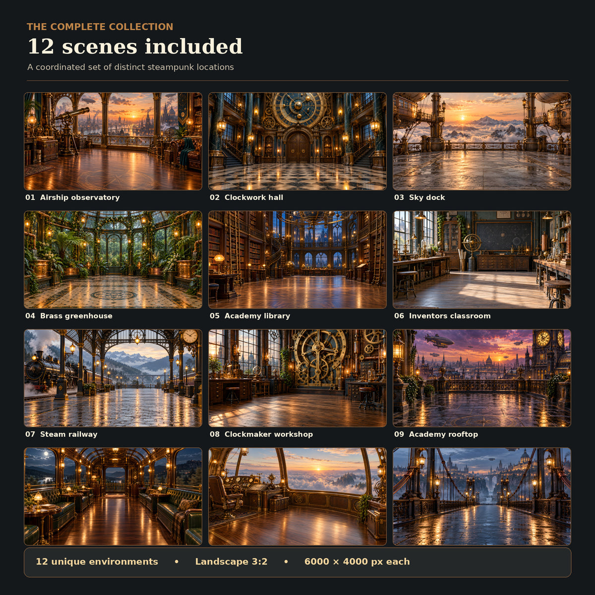 Preview of all 12 included steampunk backdrops