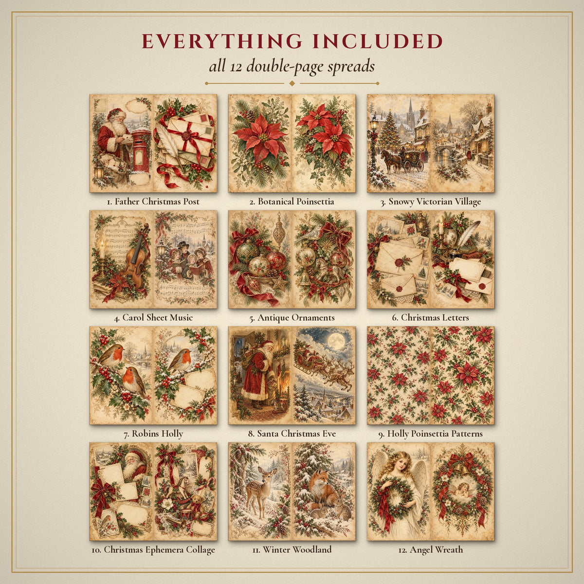 All 12 vintage Christmas double-page spreads included in the printable junk journal kit