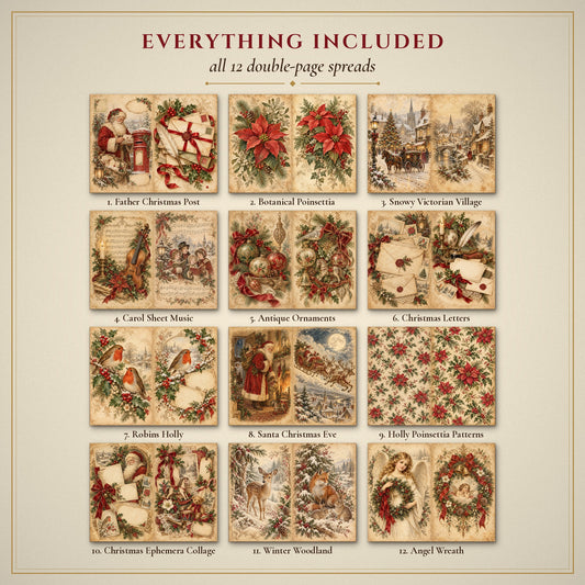 All 12 vintage Christmas double-page spreads included in the printable junk journal kit