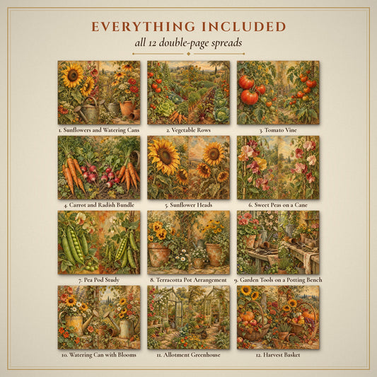 All 12 Vintage Seed Catalog double-page spreads included in the printable junk journal kit