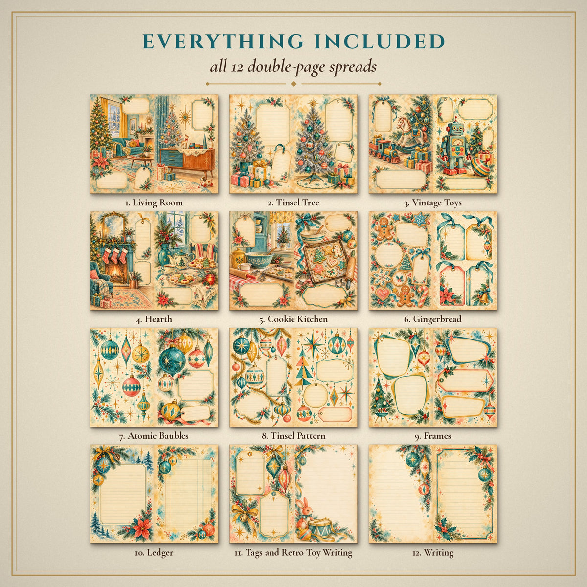 All 12 Retro Teal & Mustard Watercolour Christmas double-page spreads included in the printable junk journal kit
