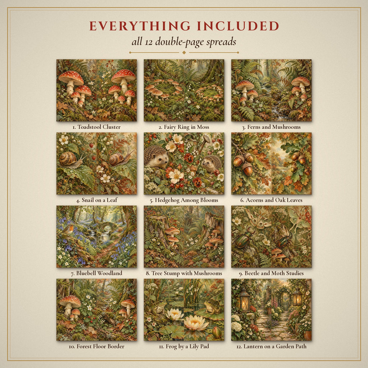 All 12 Woodland Mushroom Garden double-page spreads included in the printable junk journal kit