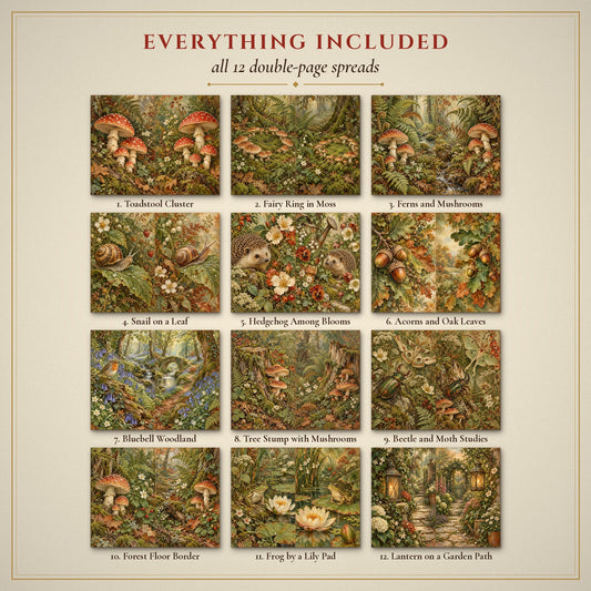 All 12 Woodland Mushroom Garden double-page spreads included in the printable junk journal kit
