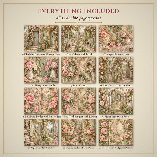 All 12 Cottage Rose Garden double-page spreads included in the printable junk journal kit