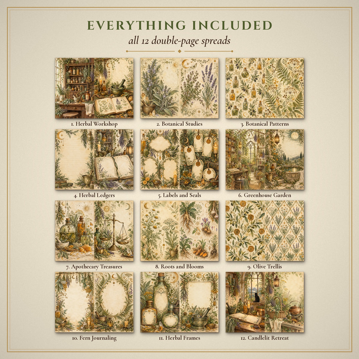All 12 Apothecary Herbal Witch double-page spreads included in the printable junk journal kit