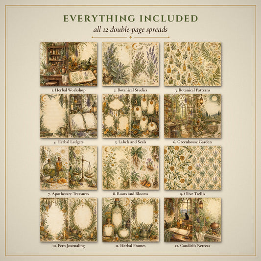All 12 Apothecary Herbal Witch double-page spreads included in the printable junk journal kit