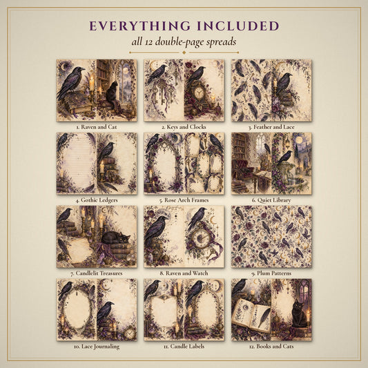 All 12 Gothic Raven Witch double-page spreads included in the printable junk journal kit