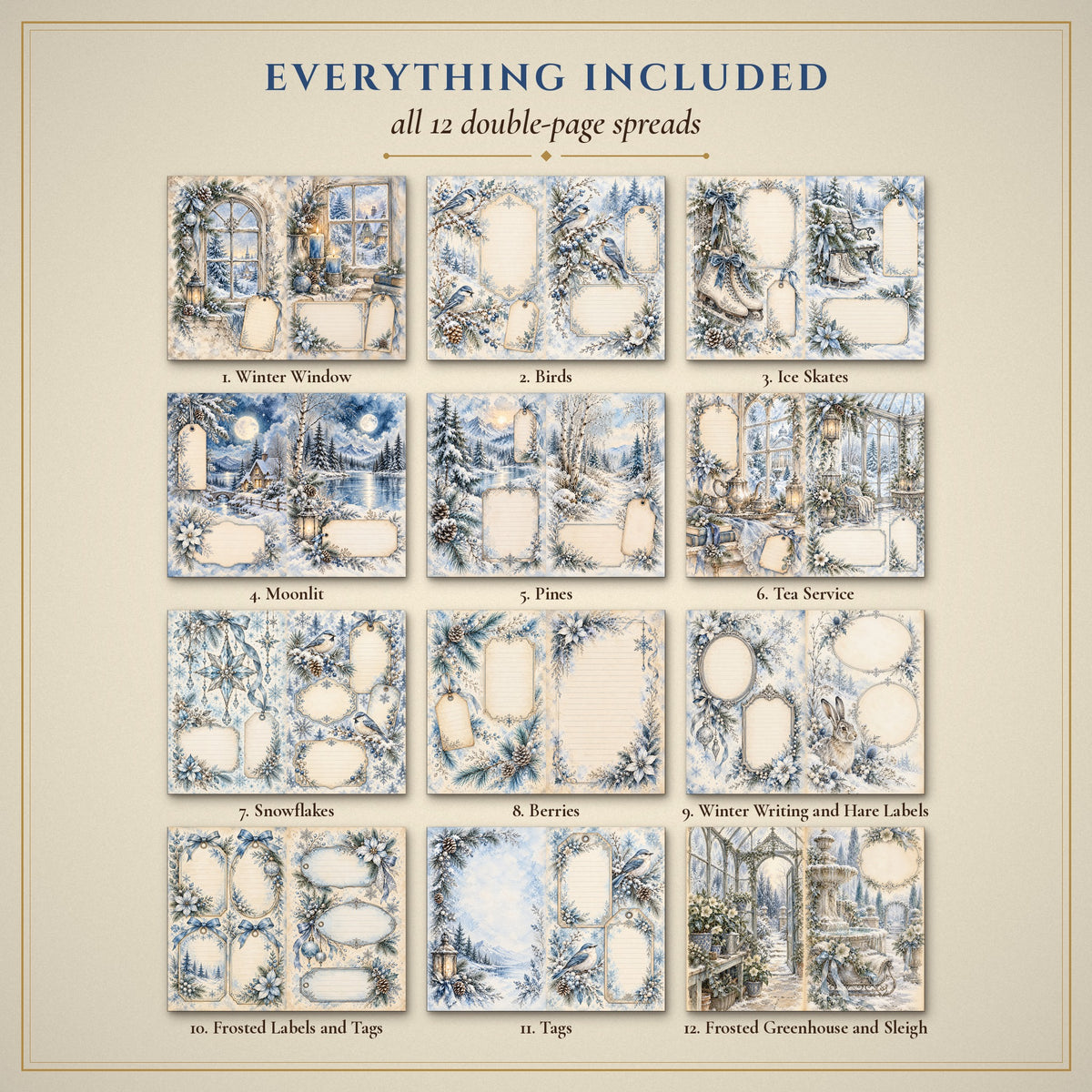 All 12 Frosted Blue & Silver Watercolour Christmas double-page spreads included in the printable junk journal kit