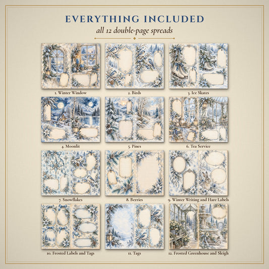 All 12 Frosted Blue & Silver Watercolour Christmas double-page spreads included in the printable junk journal kit
