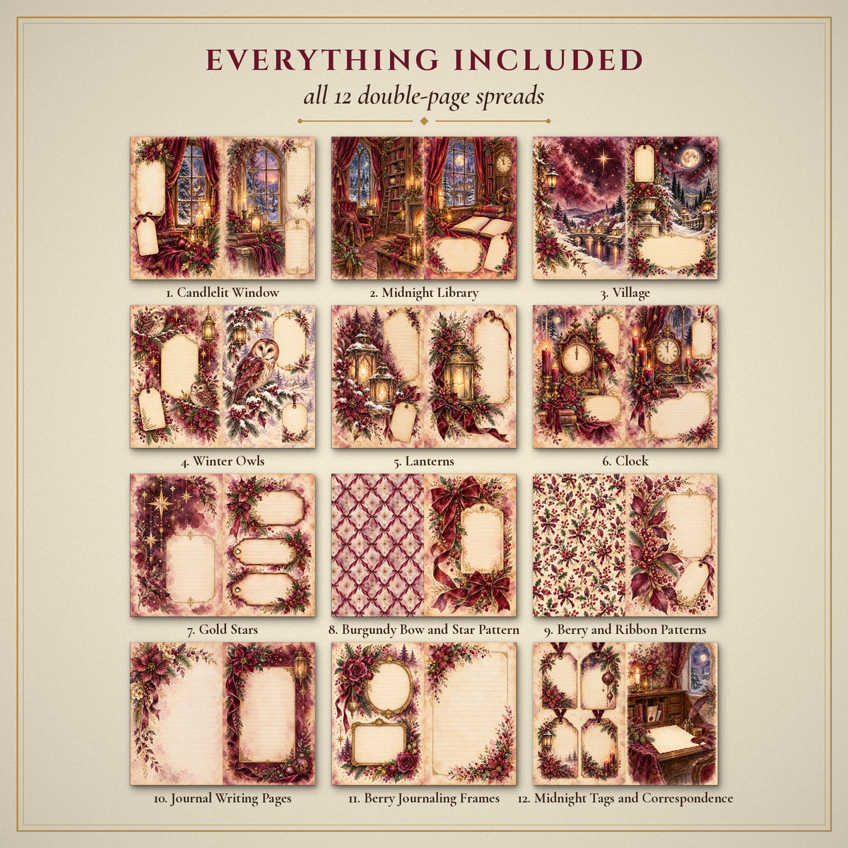 All 12 Plum & Burgundy Midnight Watercolour Christmas double-page spreads included in the printable junk journal kit