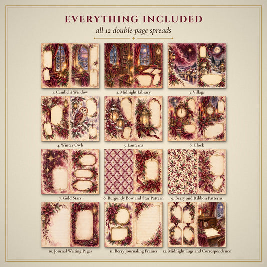 All 12 Plum & Burgundy Midnight Watercolour Christmas double-page spreads included in the printable junk journal kit
