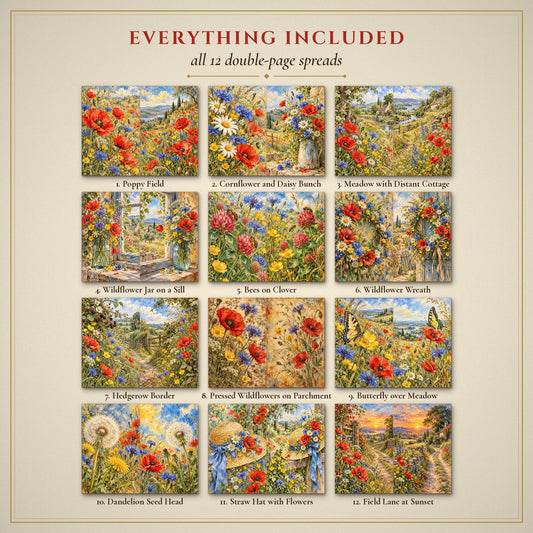 All 12 Wildflower Meadow double-page spreads included in the printable junk journal kit