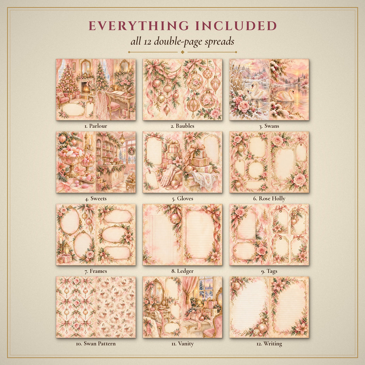 All 12 Blush & Gold Watercolour Christmas double-page spreads included in the printable junk journal kit
