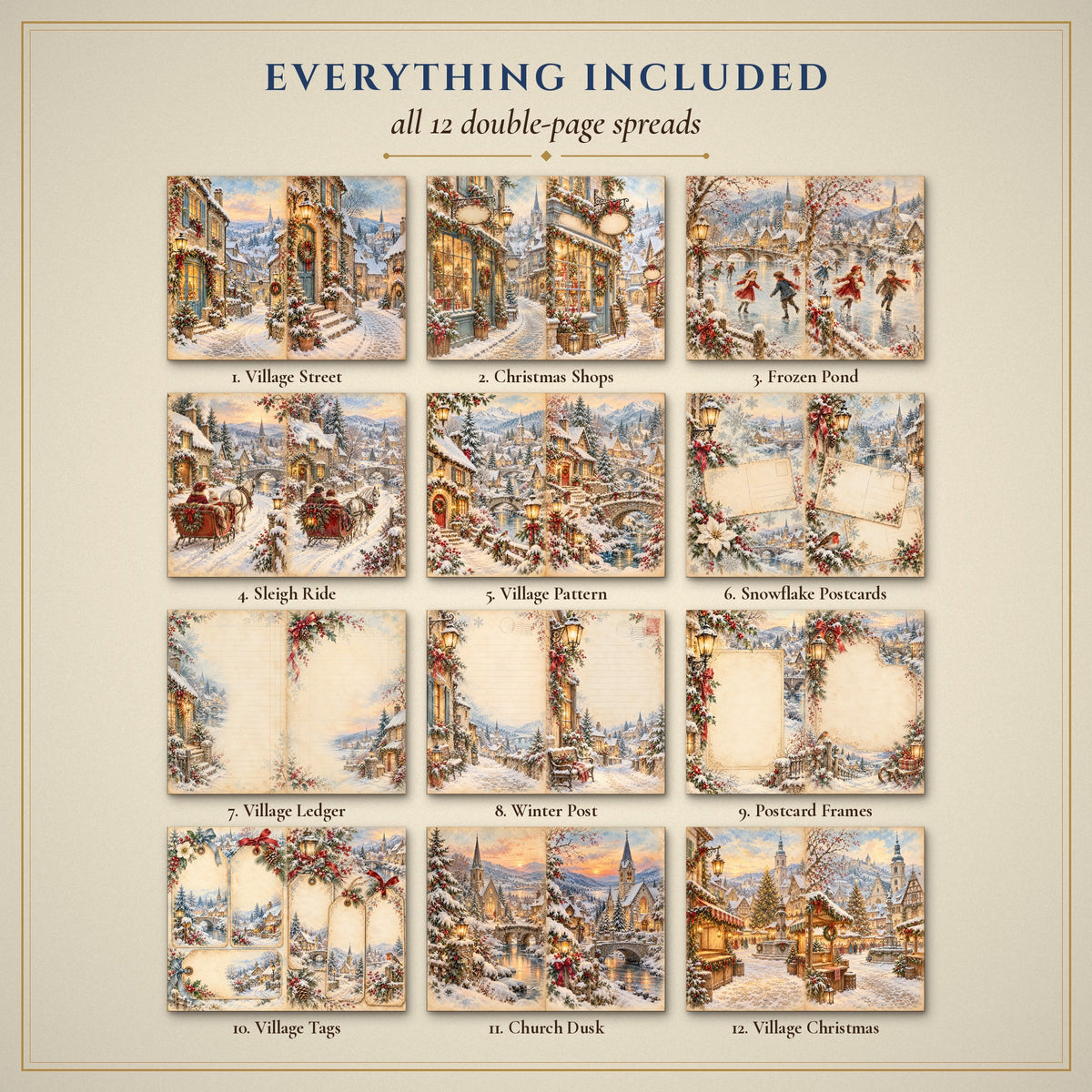 All 12 Snowy Village Winter Wonderland double-page spreads included in the printable junk journal kit