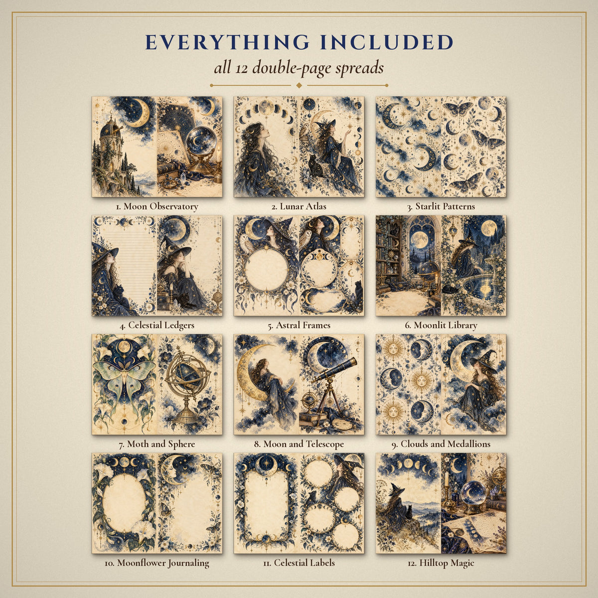 All 12 Celestial Moon Witch double-page spreads included in the printable junk journal kit