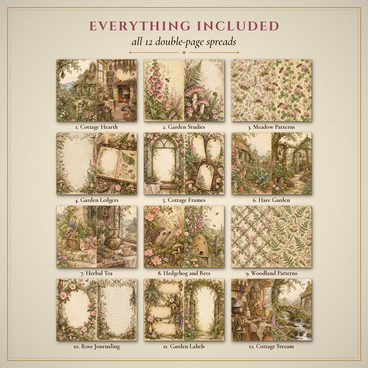 All 12 Cottage Hedge Witch double-page spreads included in the printable junk journal kit