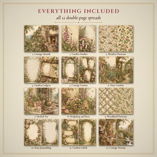 All 12 Cottage Hedge Witch double-page spreads included in the printable junk journal kit