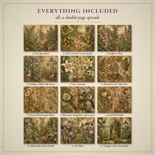 All 12 Botanical Specimen Plates double-page spreads included in the printable junk journal kit