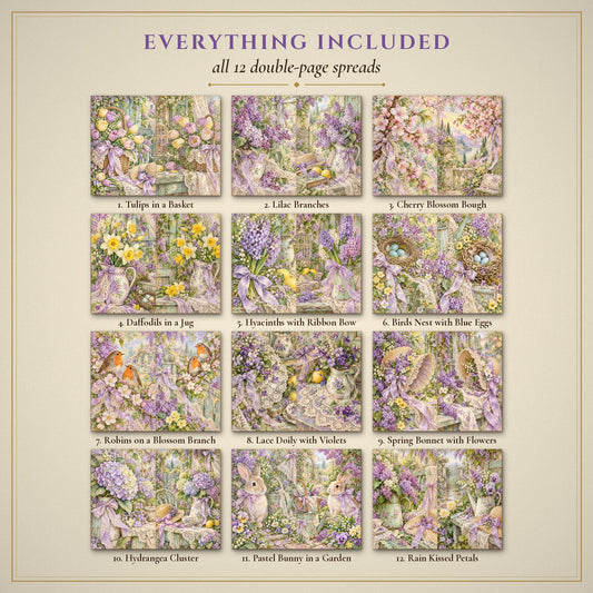 All 12 Spring Bloom Pastels double-page spreads included in the printable junk journal kit