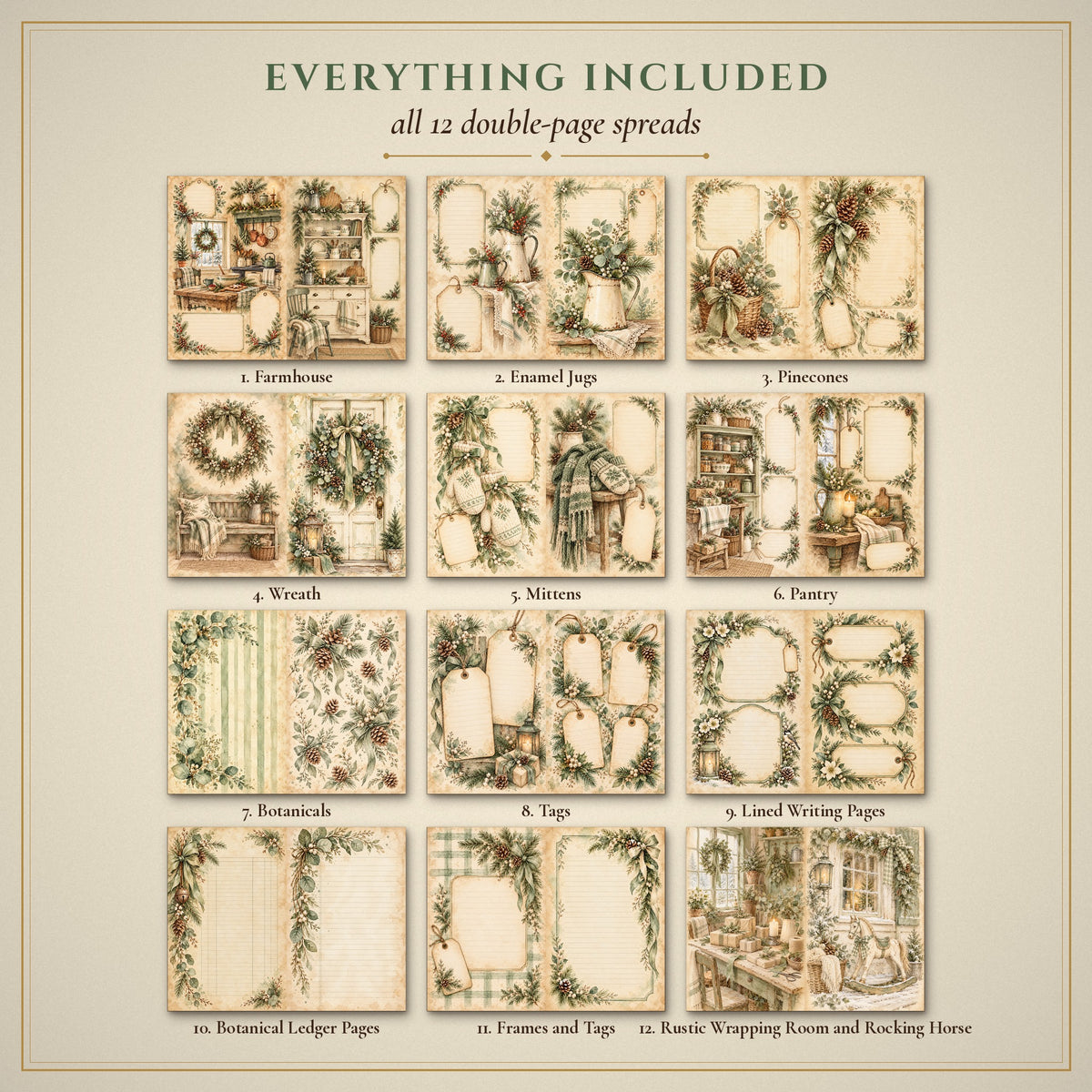 All 12 Sage & Cream Rustic Watercolour Christmas double-page spreads included in the printable junk journal kit