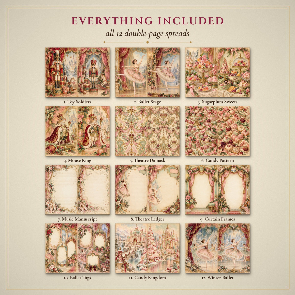 All 12 Nutcracker Ballet Christmas double-page spreads included in the printable junk journal kit